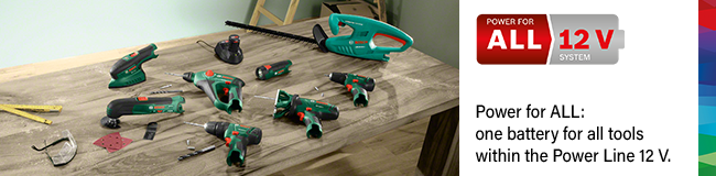Power for ALL:
One battery and charger for an entire Home & Garden tools system. Bosch EASYDRILL 1200 12v Cordless Drill Driver
