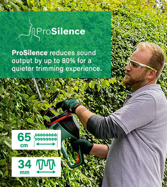 ProSilence housing makes the machine much& #010;quieter and more pleasant to use. Bosch ADVANCEDHEDGECUT 65 Hedge Trimmer ProSilence 500 watts