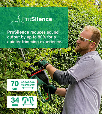 ProSilence housing makes the machine much& #010;quieter and more pleasant to use. Bosch ADVANCEDHEDGECUT 70 Hedge Trimmer ProSilence 500 watts