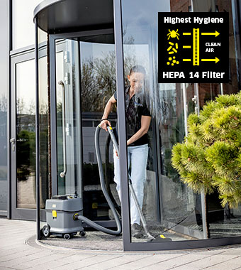 Karcher T 15/1 HEPA BP cordless vacuum with HEPA 14 filter for highest hygiene standards"