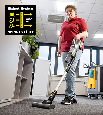 Karcher LVS 1/2 BP — HEPA-13 Filtration Karcher LVS 1/2 BP cordless stick vacuum with HEPA-13 filter for highest hygiene standards