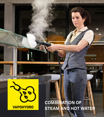 VapoHydro function
Powerful cleaning combination of steam and hot water.
Dissolved dirt is easily rinsed away. Increases the
cleaning power on very stubborn dirt. Karcher SG 4-2 Professional Compact Steam Cleaning VapoHydro