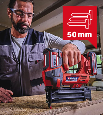 Suitable for 15–50 mm
long and 1 mm thick nails. Einhell Professional FIXETTO 18-50-N 18v Nail Gun PressAir technology Brushed