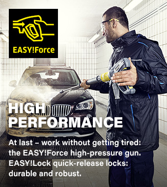 EASY!Force High Performance
At last – work without getting tired: the
EASY!Force high-pressure gun. EASY!Lock
quick-release locks: durable and robust. Karcher HD 4-9 P 15209650 Professional Pressure Washer EASY!Force High Performance trigger gun EASY!Lock fatigue-free