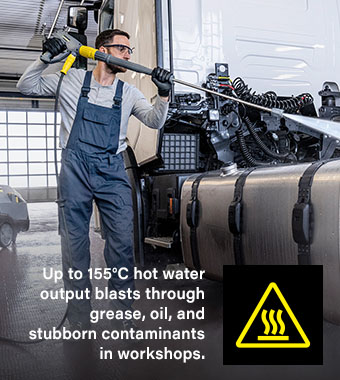 Karcher HDS 7/10-4 M hot water pressure washer delivering up to 155°C output for heavy-duty cleaning