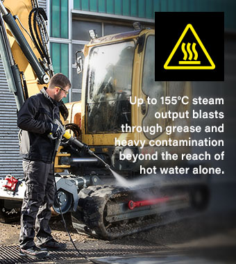 Karcher HDS 6/12 C Steam Function – 155°C Heat for Heavy Contamination Removal Operator cleaning excavator tracks with Karcher HDS 6/12 C 240V hot water pressure washer at 155°C steam output
