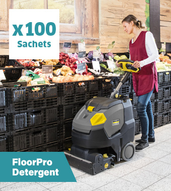 Floor cleaning detergent for any scrubber dryer, in
individually wrapped sachets. No more plastic bottles. Karcher 95321610 Floor Cleaning FloorPro Detergent Sachets Professional Compact Scrubber Dryers