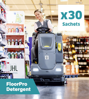 Floor cleaning detergent for any scrubber dryer, in
individually wrapped sachets. No more plastic bottles. Karcher 95321640 Floor Cleaning FloorPro Detergent Sachets Professional Ride On Scrubber Dryers