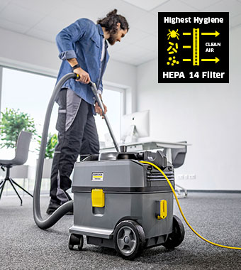 Kärcher T 10/1 HEPA — HEPA 14 Filtration Kärcher T 10/1 HEPA professional dry vacuum cleaner with HEPA 14 filter for highest hygiene standards