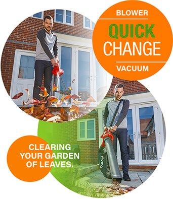 Quick Change System.
Tool-less quick-change feature easily converts
from blow to vac with the flick of a switch Flymo POWERVAC 3000 Garden Vacuum Leaf Blower