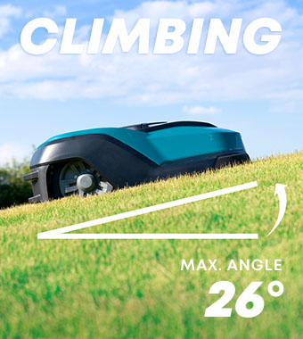 Makita RM350D Robotic Lawnmower – 26° Max. Climbing Angle Makita RM350D robotic lawnmower climbing a steep slope demonstrating 26-degree max. gradient capability