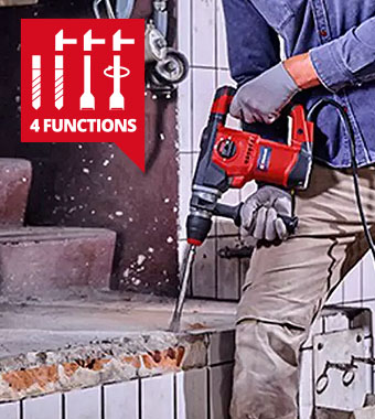4-in-1 powerful rotary hammer combines
four functions: drilling, hammer drilling
and chiselling with and without fixing. Einhell TE-RH 32-1600 4F SDS-Plus Hammer Drill Anti-vibration Speed electronics