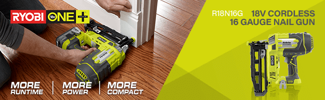 Ryobi ONE+ 18v Cordless
16 Gauge Finish Nail Gun
R18N16G Ryobi R18N16G ONE+ 18v Cordless 16 Gauge Nail Gun