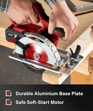 PXCSS-500 18v Circular Saw:
• 150mm (6 inch) Blade
• Soft Start Motor for additional safety
• 48mm Max Depth of Cut
• Aluminium Base Plate for durability and less weight Ozito PXDDGK800U PXCSS500 Soft Start Aluminium Circular Saw