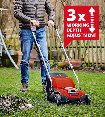 Scarifying depth adjustment:
3 levels + transport position Einhell GC-SC 18-28 Li 18v Cordless Brushless Lawn Scarifier Scarifying depth adjustment