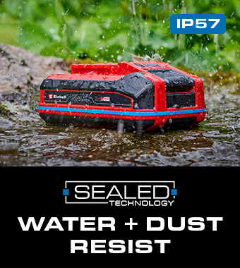 Protected against dust & water jets
according to protection class IP57 Einhell Power X-Change 18v Cordless Sealed Li-ion Battery 4ah IP57 Dust Water Waterproof dustproof Resistant Rubber coating impact protection