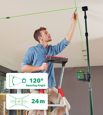 The all-rounder for precise alignment
• Opening angle of 120° for long laser lines
even at short working distances.
• 24 m Diameter working range. Bosch 0603663B06 AdvancedLevel 360 Self-Levelling Cross Line Green Laser Level