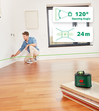 High-precision alignment with excellent
visibility across the entire room
• 360° horizontal line for accurate alignment in
the entire room.
• 24 m Diameter working range. Bosch 0603663E05 UniversalLevel360 Self-Levelling Cross Line Green Laser Level
