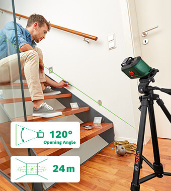 High-precision alignment with excellent
visibility across the entire room
• 360° horizontal line for accurate alignment in
the entire room.
• 24 m Diameter working range. Bosch 0603663E07 UniversalLevel360 Self-Levelling Cross Line Green Laser Level Tripod Clamp Set
