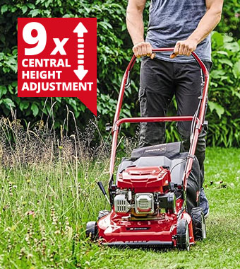 Central nine-level cutting height adjustment
facility for easy and very exact adjustment
to the required cutting height. Einhell GC-PM 46/5 S Petrol Self-Propelled Lawnmower 46cm 65 litre grass collection box four-stroke motor steel deck