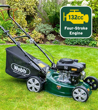 Equipped with a powerful 132cc four-stroke
engine, you’ll be able to easily trim large
areas with ease. Webb WER410SP Petrol 132cc engine Self-Propelled Lawnmower 41cm