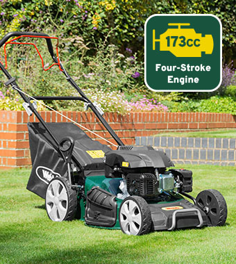 Equipped with a powerful 173cc four-stroke
engine, you’ll be able to easily trim large
areas with ease. Webb WER510SP Petrol 173cc engine Self-Propelled Lawnmower 51cm