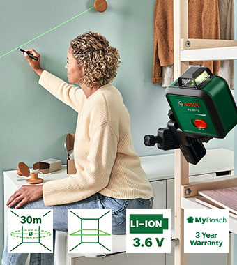 Bosch PLL 360-1G Basic 360 Degree Green Single Line Laser Level – 30m Range, 3.6V Li-Ion Rechargeable, 3 Year MyBosch Warranty Bosch PLL 360-1G Basic 360 degree green single line laser level in use marking a wall – 30m range, 3.6V Li-Ion rechargeable battery, 3 year MyBosch warranty