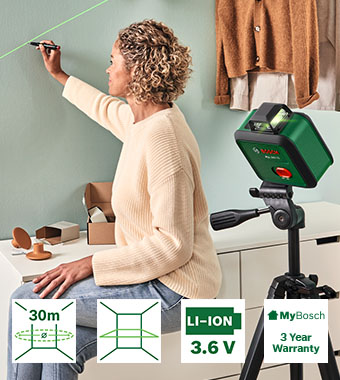 Bosch PLL 360-1G 360 Degree Green Laser Level – 30m Range, 3.6V Li-Ion Rechargeable, 3 Year MyBosch Warranty Bosch PLL 360-1G 360 degree green laser level in use marking a wall – 30m range, 3.6V Li-Ion rechargeable battery, 3 year MyBosch warranty
