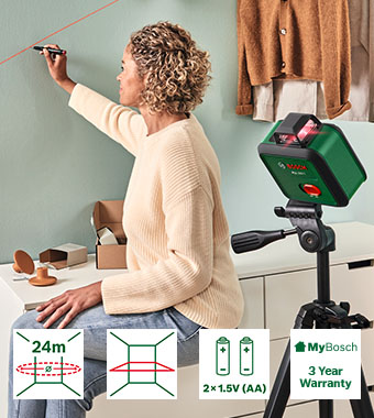Bosch PLL 360-1 360 Degree Self-Levelling Line Laser – 24m Range, AA Battery Powered, 3 Year MyBosch Warranty Bosch PLL 360-1 self-levelling 360 degree line laser in use marking a wall – 24m range, 2x1.5V AA batteries, 3 year MyBosch warranty