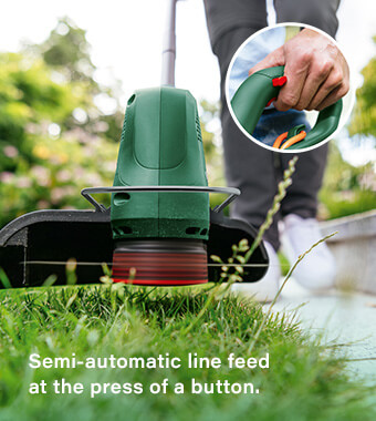Uninterrupted cutting progress
The semi-auto spool eliminates the need
for manual adjustments or bumping by
feeding the line at every trigger release. Bosch EASYGRASSCUT 18V-26 Grass Trimmer Edger semi-auto spool