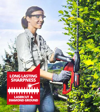 Features laser-cut and
diamond-ground steel blades. Einhell GE-CH 1855/1 Cordless Hedge Trimmer laser-cut diamond-ground steel blades 55cm