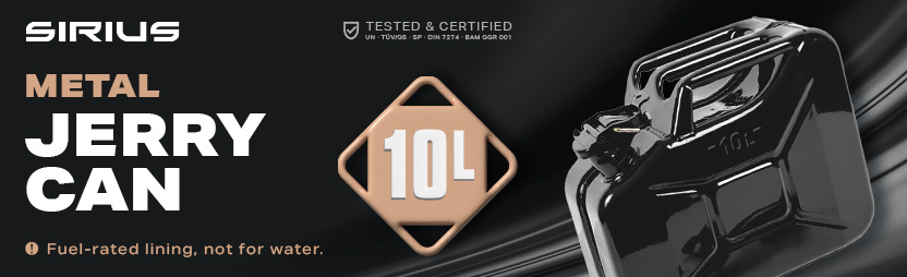 Sirius 10L Metal Fuel Can – Tested & Certified Sirius 10 litre black metal fuel can for petrol and diesel, tested and certified to UN, TÜV/GS, SP, DIN 7274 and BAM standards