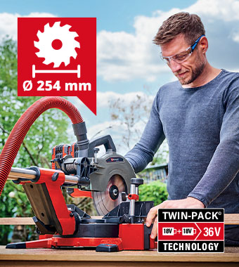 Saw head can be tilted up
to 45° to the left for mitre cuts. Einhell TE-SM 36/10 L Li 36v Cordless Sliding Compound Mitre Saw 254mm