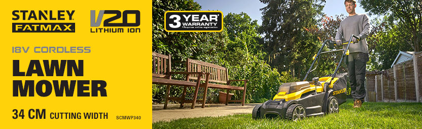 Stanley FatMax SCMWP340 18V Cordless Lawnmower – 34cm Cutting Width SCMWP340 Stanley FatMax 18V cordless lawnmower in a garden setting – 34cm cut, 1 year warranty