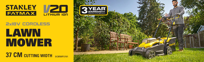Stanley FatMax SCMWP3701 2x18V Cordless Lawnmower – 37cm Cutting Width SCMWP3701 Stanley FatMax 2x18V cordless lawnmower in a garden setting – 37cm cut, 1 year warranty