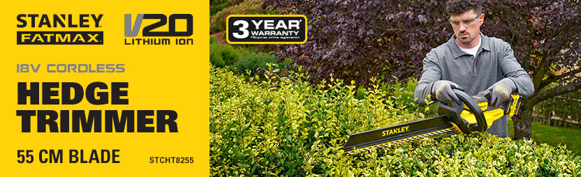 Stanley FatMax V20 STCHT8255 18V Cordless Hedge Trimmer 550mm – 1 Year Warranty Banner Man trimming a garden hedge with the Stanley FatMax V20 STCHT8255 18V cordless hedge trimmer 550mm – 1 year warranty