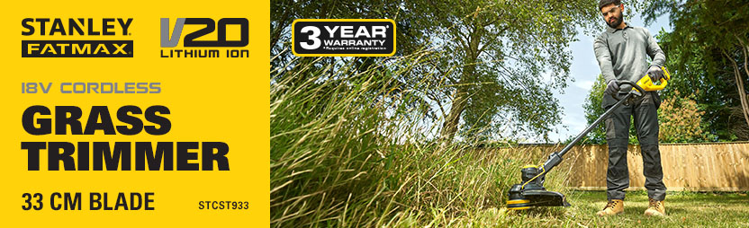 Stanley FatMax V20 STCST933 18V Cordless Grass Trimmer – 33cm Blade, 1 Year Warranty Man using Stanley FatMax V20 STCST933 18V cordless grass trimmer with 33cm blade in garden