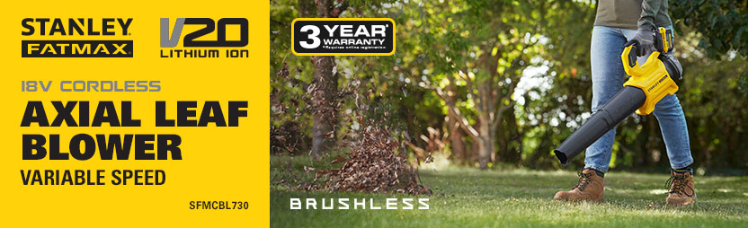 Stanley FatMax V20
18v Cordless Brushless
Axial Leaf Blower SFMCBL730 Stanley FatMax V20 18v Cordless Brushless Axial Leaf Blower SFMCBL730