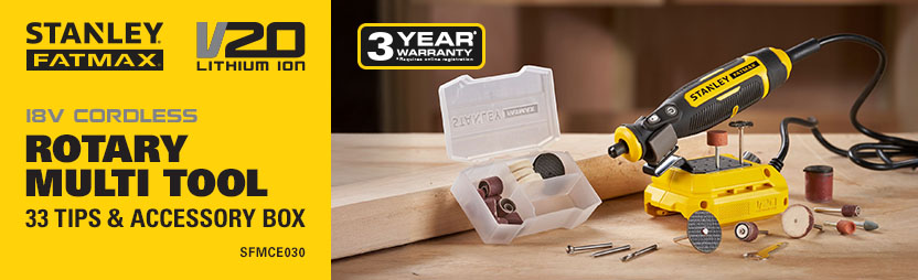 Stanley FatMax V20
18v Cordless
Rotary Multi-Tool
SFMCE030 Stanley FatMax V20 18v Cordless Rotary Multi-Tool SFMCE030