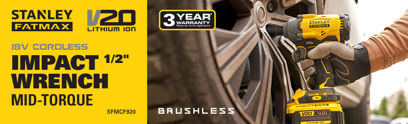 Stanley FatMax V20
18v Brushless Cordless
Mid-Torque 1/2inch Impact Wrench
SFMCF920 Stanley FatMax V20 18v Brushless Cordless Mid-Torque 1/2inch Impact Wrench SFMCF920