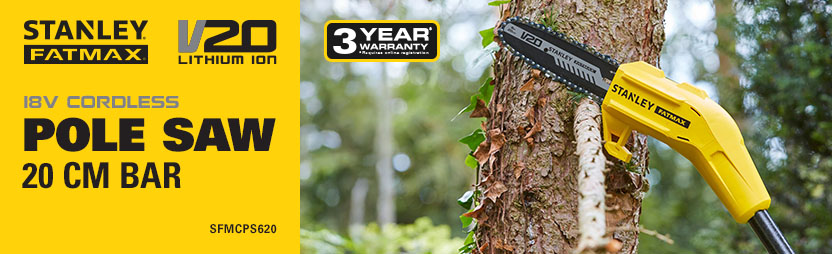 Stanley FatMax V20
18v Cordless
Pole Saw 20cm
SFMCPS620 Stanley FatMax V20 18v Cordless Pole Saw 20cm SFMCPS620