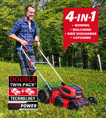 PurePower Brushless - The low-maintenance and
powerful brushless motor ensures maximum
performance with longer running time compared
to conventional carbon brush motors. Einhell PurePower Brushless TWIN-PACK 36v Cordless Steel-Deck Rotary Lawnmower