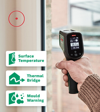 Bosch AdvancedTemp Infraroodthermometer (-30 °C tot 500 °C, met geïntegreerde schimmel- en warmtebrugdetectie en led-display, in kartonnen doos voor e-commerce
