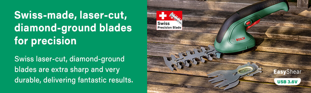 Bosch EASYSHEAR Rechargeable Shrub Shears Swiss laser-cut diamond-ground blade