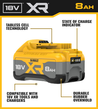 Our most powerful and efficient battery,
offering the longest lifespan in its class. DeWalt DCB1880-XJ 18v XR 8Ah longest lifespan battery Guage charge indicator