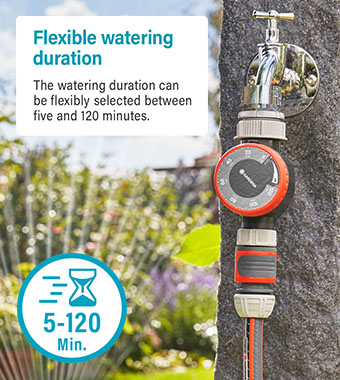 Rotating dial you can set the duration of the irrigation
flexibly between 5 and 120 minutes. After the time has
elapsed the tap timer stops the water flow automatically. Gardena 1169-28 Manual Rotating dial Tap Timer automatic watering