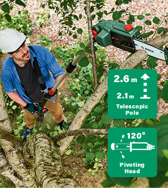 Prune hard-to-reach branches effortlessly
•Telescopic pole enables an extensive cutting area
while standing on the ground
•Lightweight ergonomic design minimizes
strain on arms and shoulders
•Tip protector and bumper spike for enhanced
control when cutting and undercutting
•For continuous cutting performance
without damaging branches
•Oil level indicator and automatic chain lubrication
for smooth running Bosch UniversalChainPole 18 Telescopic tree pruner branch trimming chain lubrication