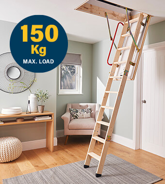 Comes complete with ladder, loft
surround, insulated trapdoor, handrail
and timber stowing pole. Werner 34535000 ECO S-LINE Timber Loft Ladder