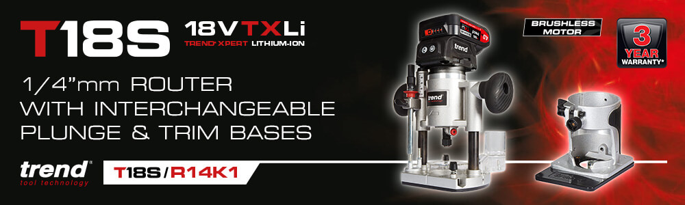 Trend T18S/R14K1 18v Cordless
1/4" Brushless Router
With Interchangeable Plunge And Trim Bases Trend T18S-R14K1 18v Cordless 1-4inch Brushless Router Interchangeable Plunge Trim Bases