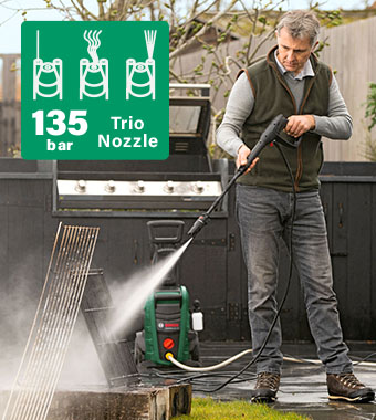 Bosch UniversalAquatak 135 Pressure Washer
135 Bar Trio Nozzle (fan jet, rotary jet and pencil jet) Bosch UniversalAquatak 135 Pressure Washer 135 Bar Trio Nozzle fan jet rotary jet pencil jet